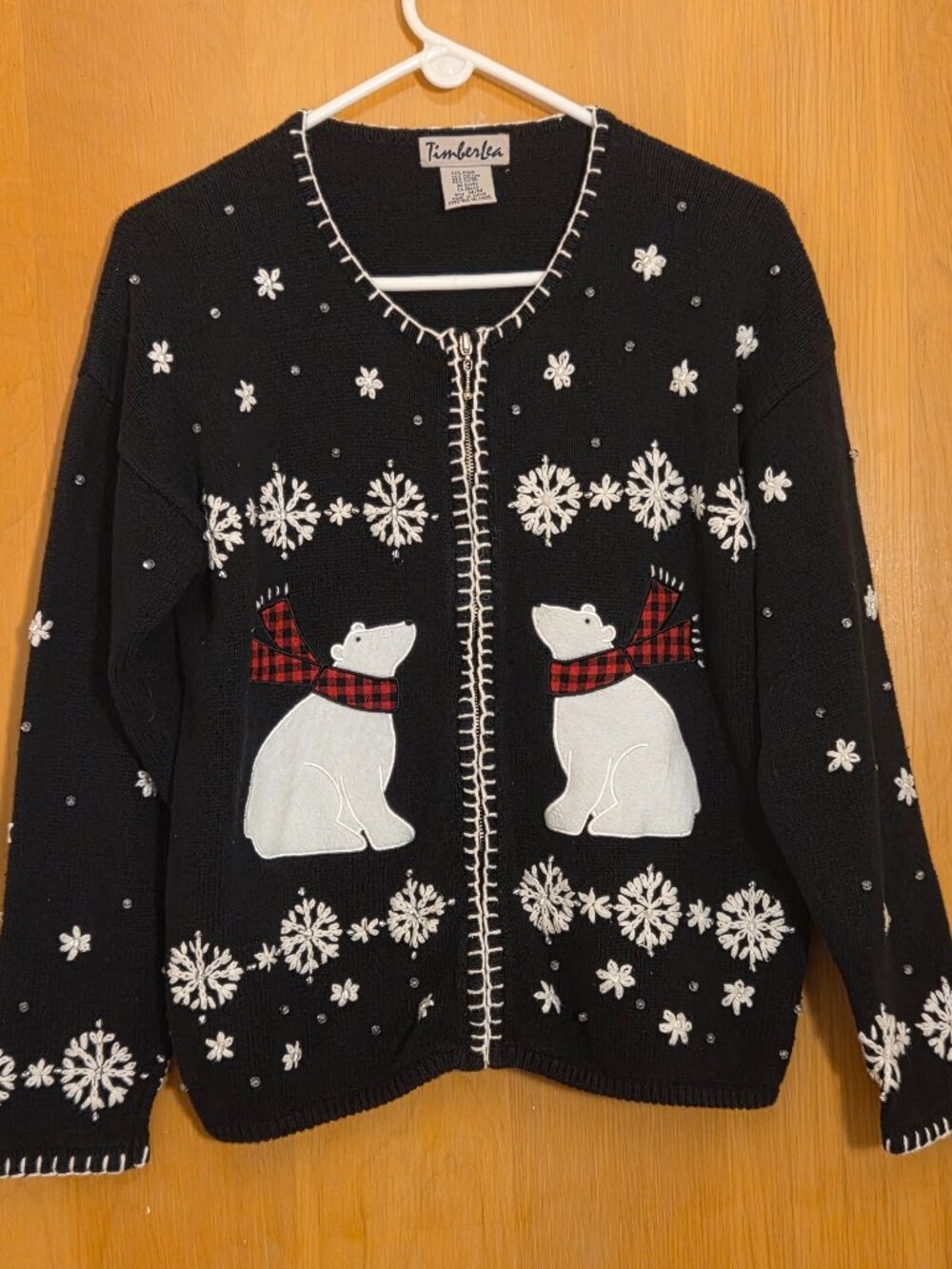 Vintage Timberlea Full Zip Novelty Cardigan Womens M Black Holiday Embroidered